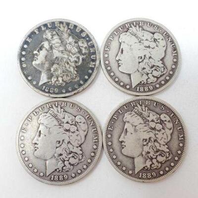 #1272 â€¢ (4) 1889 Morgan Silver Dollars, 104.6g. Weighs Approx: 104.6g New Orleans Mints. 