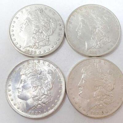 #1273 â€¢ (4) 1883 Morgan Silver Dollars, 107.2g.. Weighs Approx: 107.2g New Orleans Mints.