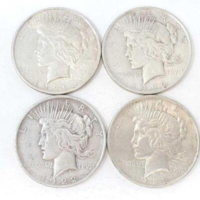 #1514 â€¢ (4) 1922 Silver Peace Dollars, 106.8g. Weighs Approx: 106.8g Denver Mints.