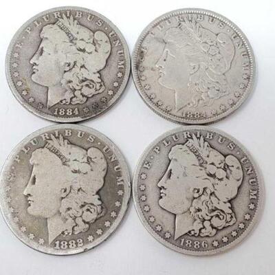#1246 â€¢ (4) Morgan Silver Dollars. Weighs Approx: 103.8g (2) 1884 Philadelphia Mints, (1) 1882 Philadelphia Mint, and (1) 1886 New...