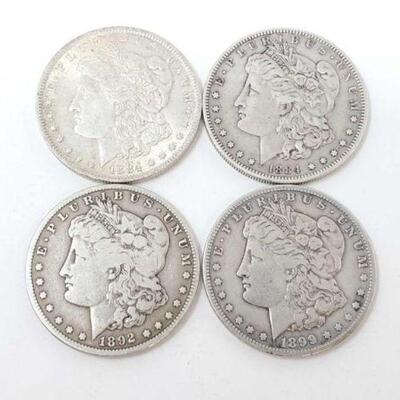 #1301 â€¢ (4) 1884-1899 Morgan Silver Dollars, 106g. Weighs Approx: 106g 1884 New Orleans Mint, 1884 San Francisco, 1892 San Francisco...