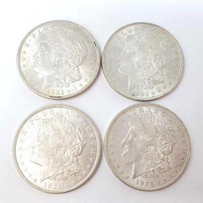 #1238 â€¢ (4) 1921 Morgan Silver Dollars, 107.3g. Weighs Approx: 107.3g Philadelphia Mints.