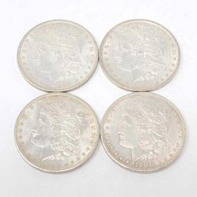 #1324 â€¢ (4) 1900 Morgan Silver Dollars, 107.1g. Weighs Approx: 107.1g Philadelphia Mints. 