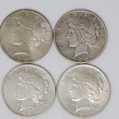 #1541 â€¢ (4) 1925 Silver Peace Dollars, 107g. Weighs Approx: 107g Philadelphia Mints.