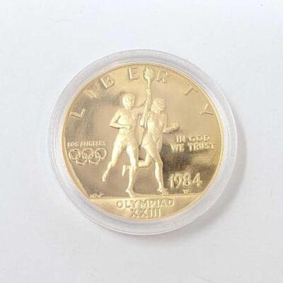 #92 • 1984 Gold Los Angeles Olympic Games Ten Dollar Coin, 19g. Weighs Approx: 19g Including Case West Point Mint