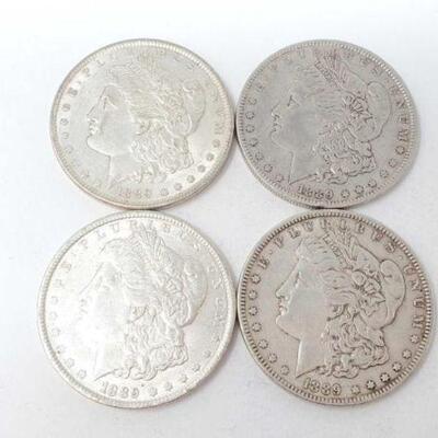 #1263 â€¢ (4) 1889 Morgan Silver Dollars, 106.9g. Weighs Approx: 106.9g (3) Philadelphia Mints and (1) New Orleans Mint. 