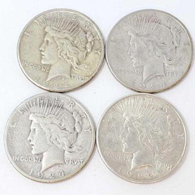 #1532 â€¢ (4) 1922-1924 Silver Peace Dollars, 106.6g. Weighs Approx: 106.6g San Francisco Mints.