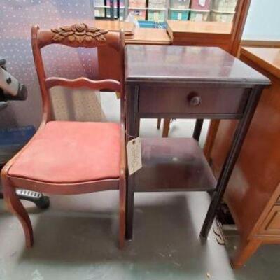 #2260 â€¢ Chair and Side Table. Vintage Rose Back Chair and Single Drawer Side Table. 