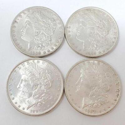 #1254 â€¢ (4) 1889 Morgan Silver Dollars, 107g. Weighs Approx: 107g Philadelphia Mints. 