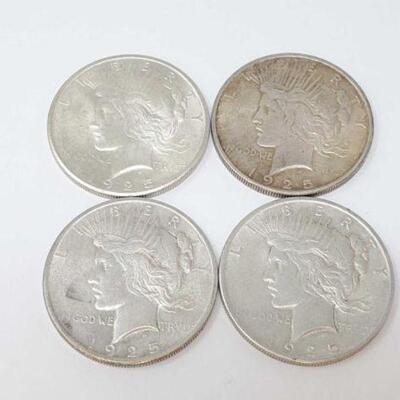 #1538 â€¢ (4) 1925 Silver Peace Dollars, 107.3g.
.Weighs Approx: 107.3g Philadelphia Mints