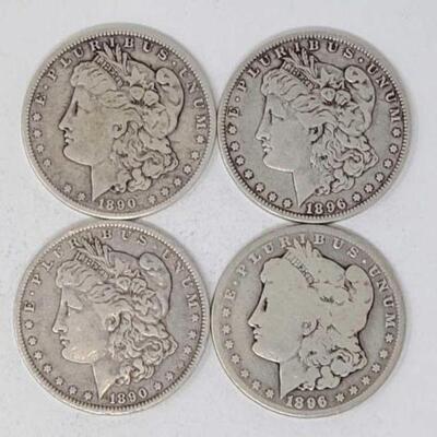 #1281 â€¢ (4) Morgan Silver Dollars, 104.8g. Weighs Approx: 104.8g (2) 1890 New Orleans Mints and (2) 1896 New Orleans Mints. 