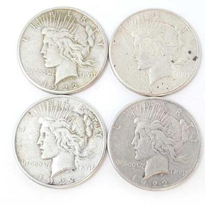 #1537 â€¢ (4) 1922 Silver Peace Dollars, 106.8g. Weighs Approx: 106.8g San Francisco Mints. 