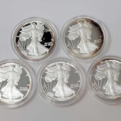 #1415 â€¢ (5) 1986 American Eagle 1oz .999 Fine Silver Dollars. San Francisco Mints. 