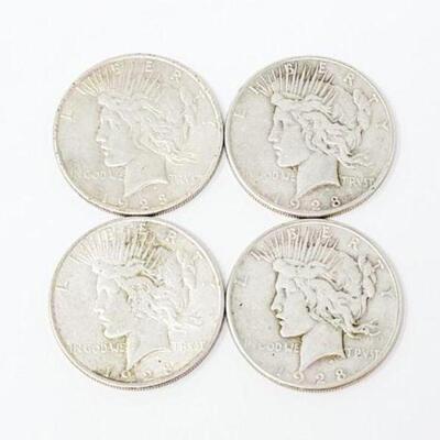 #1522 â€¢ (4) 1928 Silver Peace Dollars, 106.8g. Weighs Approx: 106.8g San Francisco Mints.