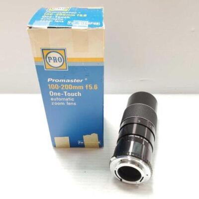 #2035 â€¢ Zoom Lens. Vintage Promaster 100-200mm f5.6 One-Touch Automatic Zoom Lens in Original Box. Each Measures Approx: 14
