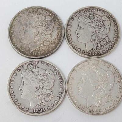 #1285 â€¢ (4) Morgan Silver Dollars, 106.6g.  Weighs Approx: 106.6g (1) 1878 San Francisco Mint, (1) 1881 New Orleans Mint, (1) 1881...
