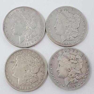 #1348 â€¢ (4) 1883-1921 Morgan Silver Dollars. Includes: (1) 1921, Denver Mints, (1) 1921, San Francisco Mints, (1) 1921, New Orleans...
