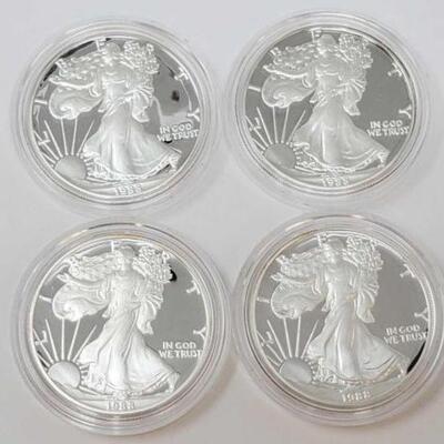 #1418 â€¢ (4) 1988 American Eagle 1oz .999 Fine Silver Dollars: San Francisco Mints. 