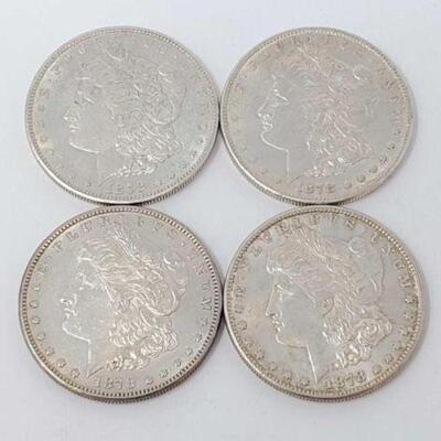#1287 â€¢ (4) 1878 Morgan Silver Dollars, 107.1g. Weighs Approx: 107.1g San Francisco Mints. 