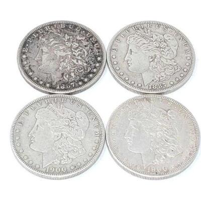 #1327 â€¢ (4) 1887-1900 Morgan Silver Dollars, 106.8g. 
