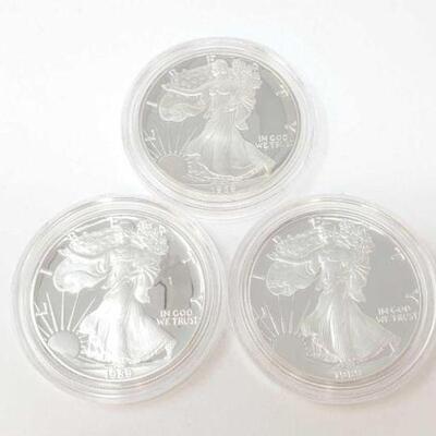 #1421 â€¢ (3) 1989 1 oz American Eagle .999 Fine Silver Dollars. San Francisco Mints. 