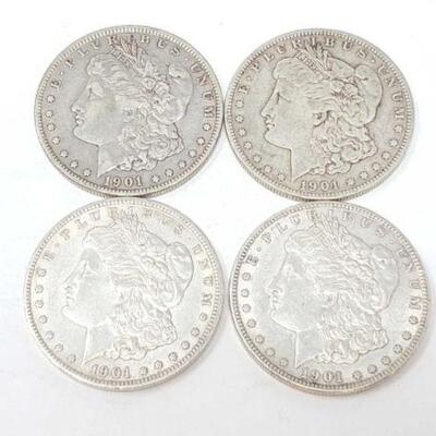 #1307 â€¢ (4) 1901 Morgan Silver Dollars, 106.6g. Weighs Approx: 106.6g New Orleans Mints. 