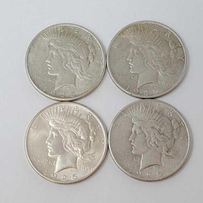 #1534 â€¢ (4) 1925 Silver Peace Dollars, 107.1g. Weighs Approx: 107.1g Philadelphia Mints.