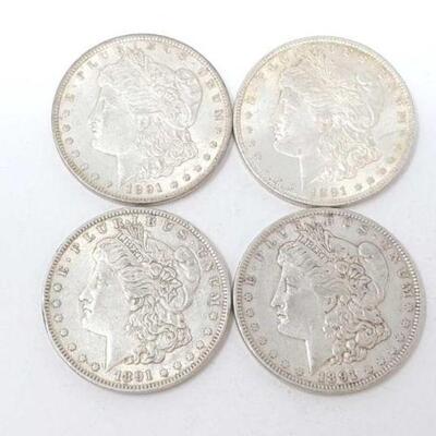 #1302 â€¢ (4) 1891 Morgan Silver Dollars, 107g. Weighs Approx: 107g Philadelphia Mints.