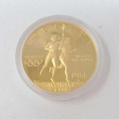 #87 • 1984 Gold Los Angeles Olympic Games Ten Dollar Coin, 19.1g. Weighs Approx: 19.1g Including Case West Point Mint.