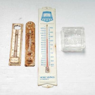 2142 â€¢ Vintage Thermometers and Cunningham Glass Coin Bank. 
