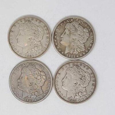 #1283 â€¢ (4) 1921 Morgan Silver Dollars, 106.3g.0 Weighs Approx: 106.3g (2) San Francisco Mints and (2) Denver Mints.