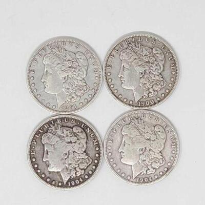 #1314 â€¢ (4) 1891-1904 Morgan Silver Dollars, 105.8g. Weighs Approx: 105.8g Includes (1) 1891, (1) 1900, and (2) 1904 New Orleans Mints. 