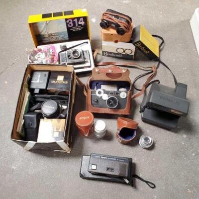 #2036 â€¢ Vintage Cameras, Accessories, Manuals and Binoculars.Includes Kodak Instamtic 314 in Original Box, Argus Camera with Lenses and...