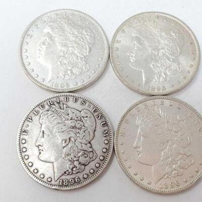 #1270 â€¢ (4) 1896 Morgan Silver Dollars, 106.8g. Weighs Approx: 106.8g (3) Philadelphia Mints (1) New Orleans Mint. 