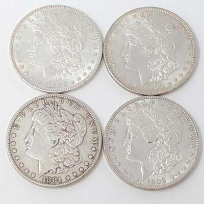 #1286 â€¢ (4) Morgan Silver Dollars, 107.2g. Weighs Approx: 107.2g (2) 1903 Philadelphia Mints, (1) 1878 Philadelphia Mint, and (1) 1881...