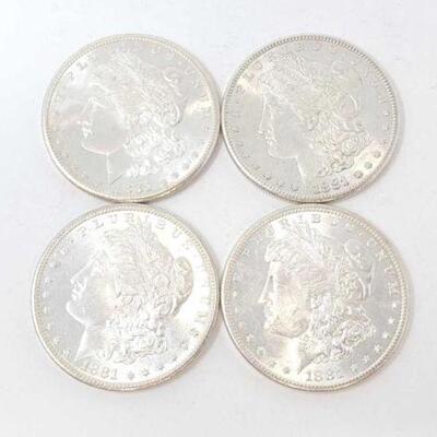 #1325 â€¢ (4) 1881 Morgan Silver Dollars, 107g. Weighs Approx: 107g San Francisco Mints. 