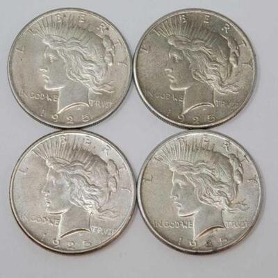 #1536 â€¢ (4) 1925 Silver Peace Dollars, 107.2g. Weighs Approx: 107.2g Philadelphia Mints.