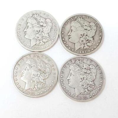 #1308 â€¢ (4) 1901 & 1902 Morgan Silver Dollars, 105.7g. Weighs Approx: 105.7g (2) 1901 New Orleans and San Francisco Mint and (2) 1902...
