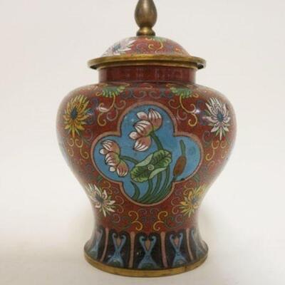 1081	CLOISONNE COVERED URN DECORATED W/4 DIFFERENT FLORAL SCENES, APPROXIMATELY 11 IN HIGH
