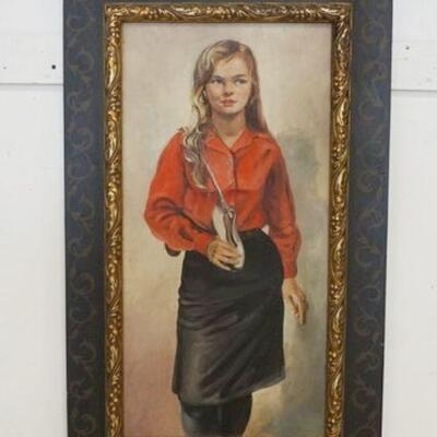 1205	OIL PAINTING ON CANVAS OF YOUNG WOMAN SIGNED LOWER RIGHT, APPROXIMATELY 23 1/4 IN X 38 IN OVERALL
