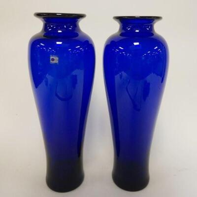 1029	BLENKO COLBALT VASES, LARGE PAIR ONE W/LABEL, APPROXIMATELY 16 1/4 IN HIGH
