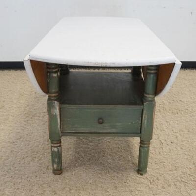 1204	DROPLEAF COUNTRY STYLE TABLE W/DISTRESSED PAINT FINISH & DRAWERS ON EITHER SIDE OF BASE, APPROXIMATELY 24 1/2 IN X 36 1/2 IN X 30...