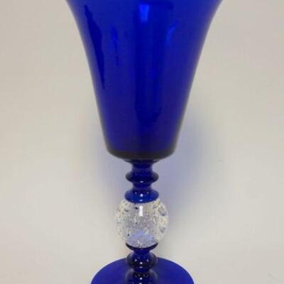 1049	PAIRPOINT COLBALT TRUMPET VASE W/CONTROLLED BUBBLE GLASS BALL AT CENTER OF STEM, APPROXIMATELY 12 IN HIGH
