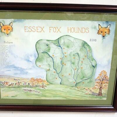 1244	LARGE FRAMED WATERCOLOR, ESSEX FOX HOUNDS, 2000 BY ELANOR HARTWELL, APPROXIMATELY 29 1/2 IN X 37 1/2 IN
