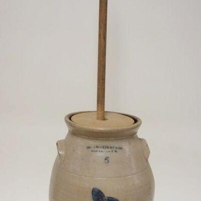 1009	BLUE DECORATED BUTTER CHURN W/DOUBLE HANDLE, SIGNED ON TOP CASISDY & CO MONTREAL PQ J, APPROXIMATELY 17 1/2 IN HIGH
