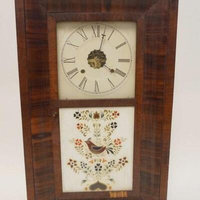 1059	ANSONIA WEIGHT DRIVEN OGEE SHELF CLOCK, SOME VENEER LOSS TO CASE, REVERSE PAINTED LOWER GLASS DOOR, APPROXIMATELY 4 1/2 IN X 15 IN X...