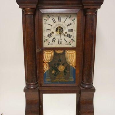 1024	FORRESTVILLE WEIGHT DRIVEN EMPIRE SHELF CLOCK W/REVERSE PAINTED CENTER GLASS, HAVING SOME LOSS, APPROXIMATELY 18 1/2 IN X 5 1/2 IN X...