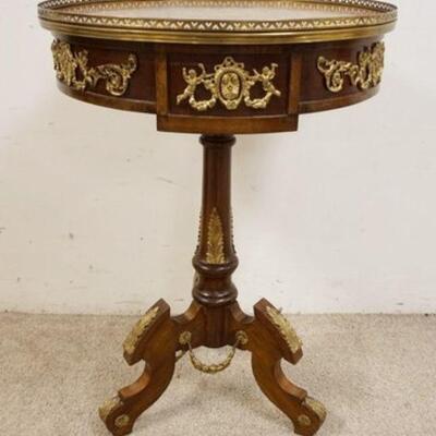 1120	ORNATE INLAID LAMP TABLE W/METAL MOUNTS & METAL SWAGS ON BASE, INLAID TOP W/FRETWORK METAL GALLERY, ONE SWAG DAMAGED, APPROXIMATELY...
