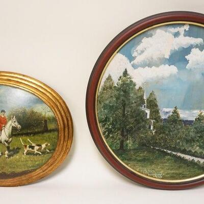 1237	LOT HUNT SCENE AND SIGNED WATERCOLOR OF CHURCH DATED 1952, 15 1/4 IN DIAMETER
