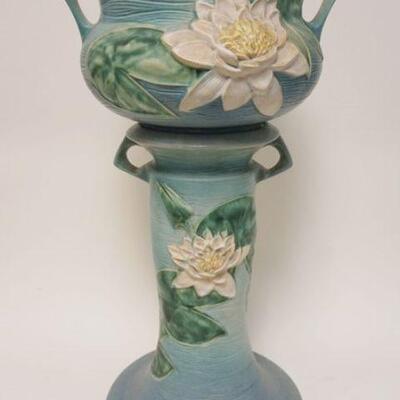 1060	ROSEVILLE BLUE WATER LILY JARDINIERE & PEDISTAL, 663-8, APPROXIMATELY 21 1/4 IN HIGH
